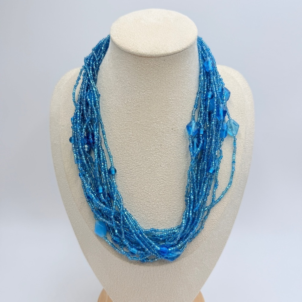 Vintage Blue Multi Strand Beaded Statement Necklace Boho Layered